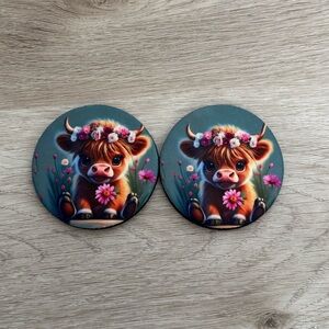 Floral Baby Cow Car Coasters Set of 2 Farmhouse Western Auto Cup Holder